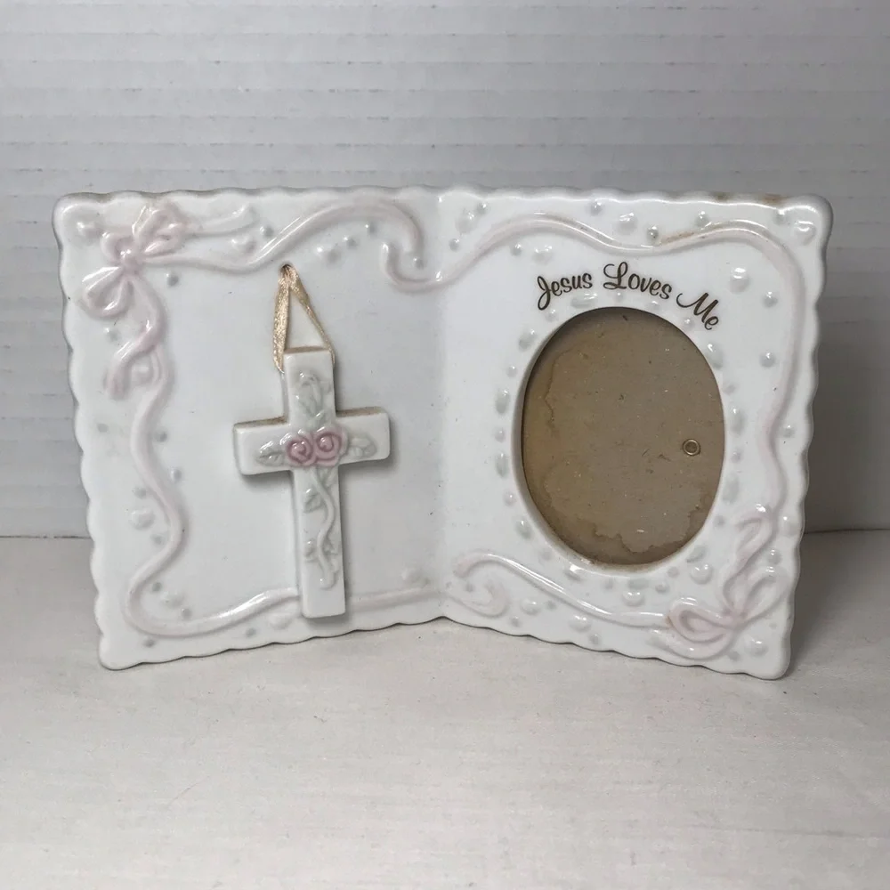 Russ Berrie White Ceramic Frame with Pink Accents and Cross